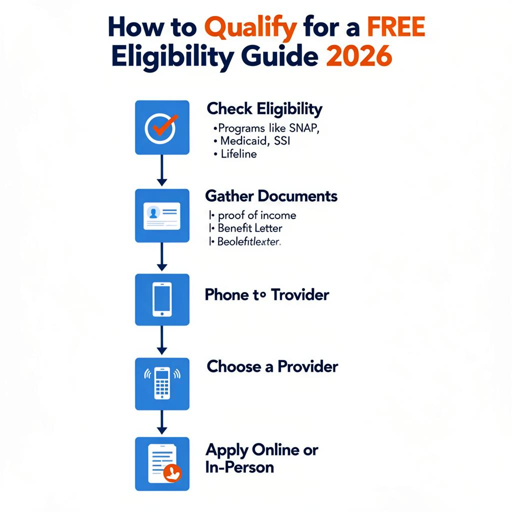 Infographic showing 4 steps to qualify for a free government tablet in 2026: check eligibility, gather documents, choose a provider, and apply online or in person