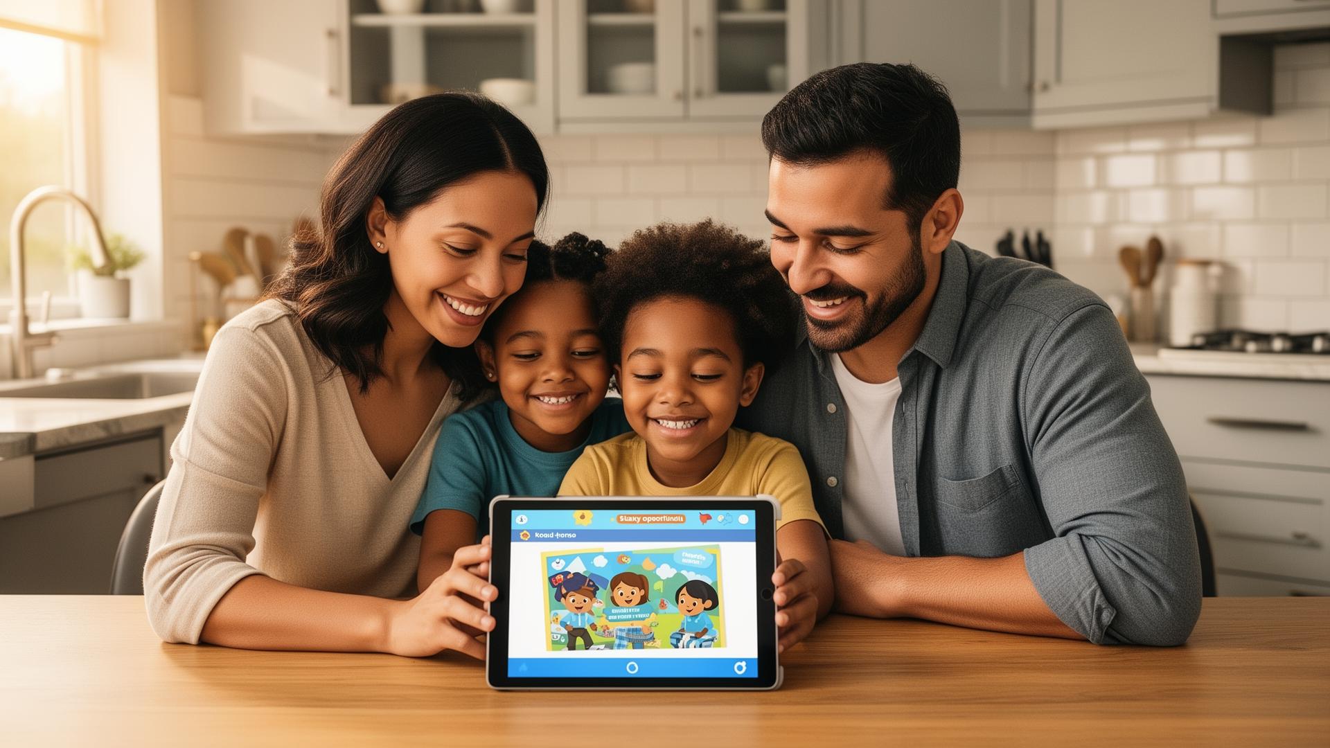 Family using a tablet together at home